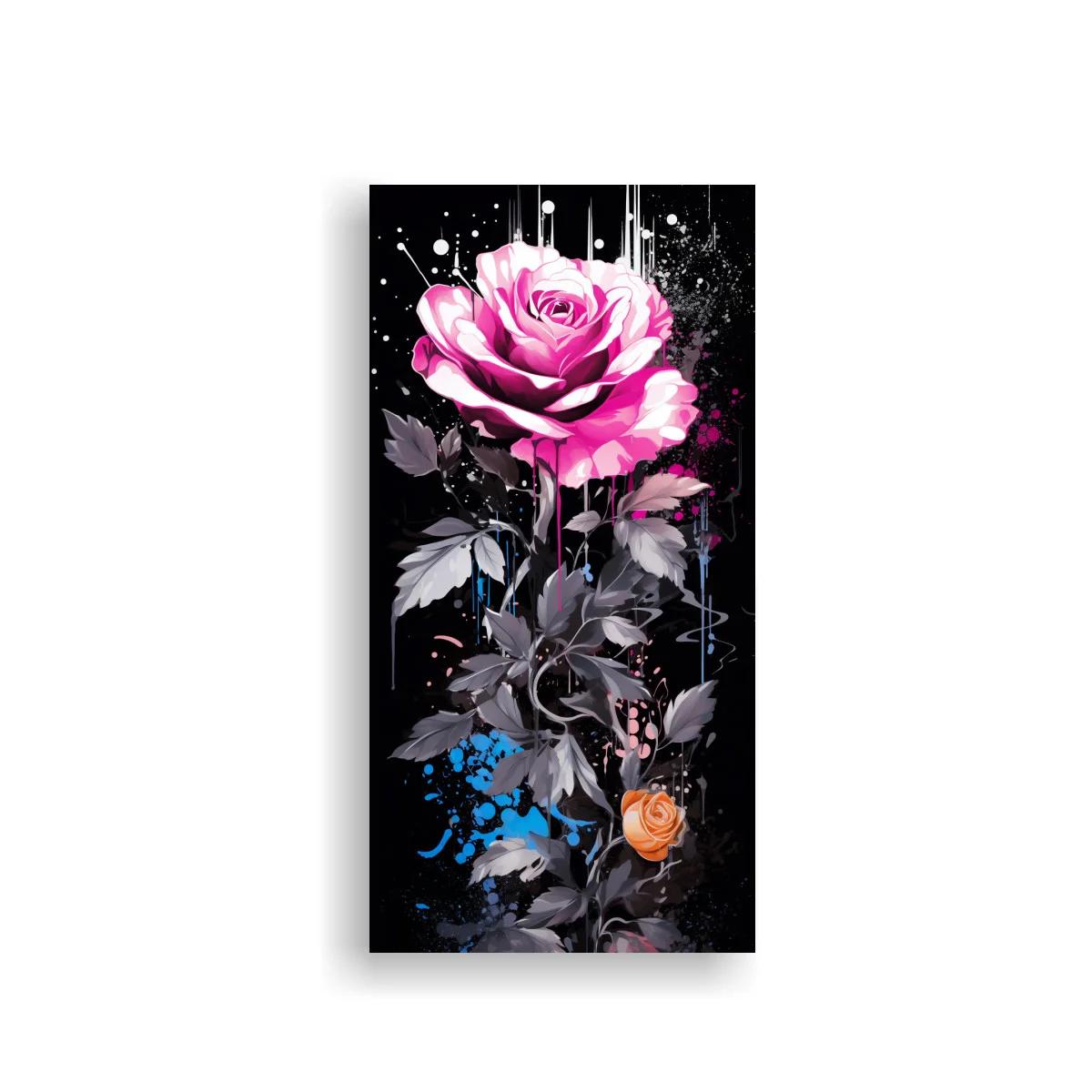 Cuadro rosa rosada con capullo naranja y salpicaduras