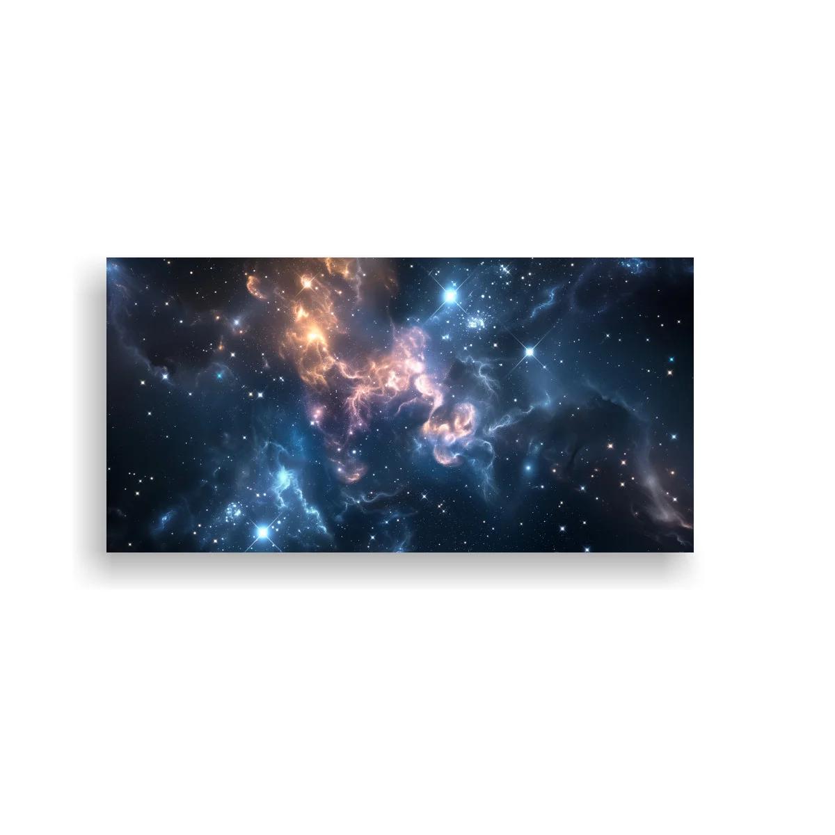 Cuadro nebulosa espacial con destellos rosados y dorados