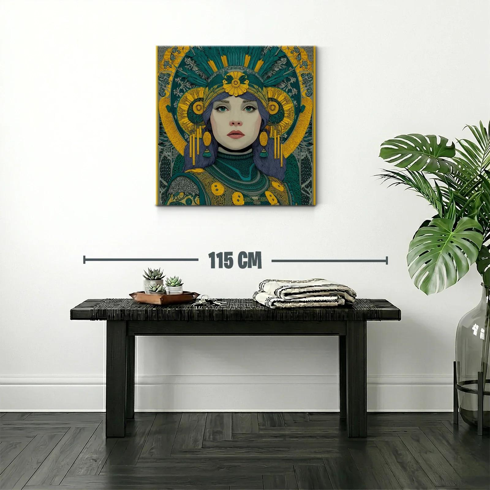Retrato femenino con detalles ornamentales en tonos verdes y amarillos — miniatura 2