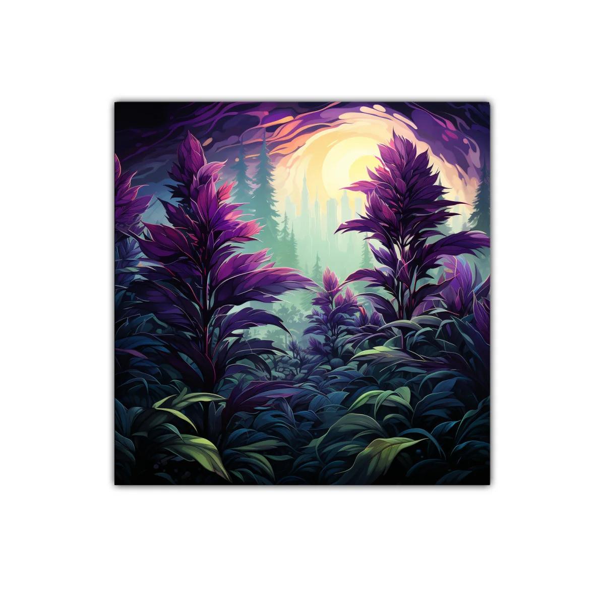 Paisaje onírico de hojas violetas y luz resplandeciente