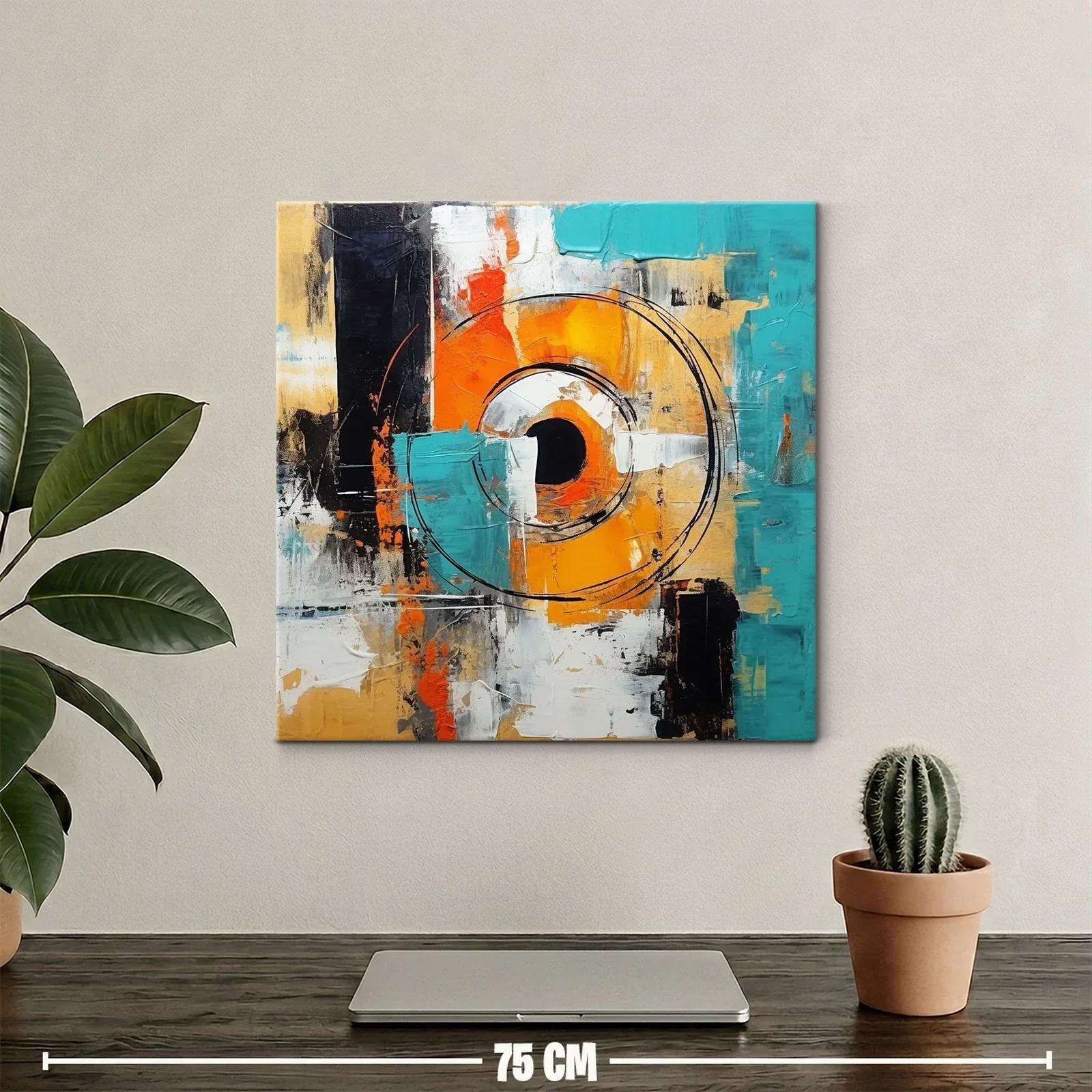 Cuadro abstracto con círculos y tonos vibrantes en azul y naranja — miniatura 2