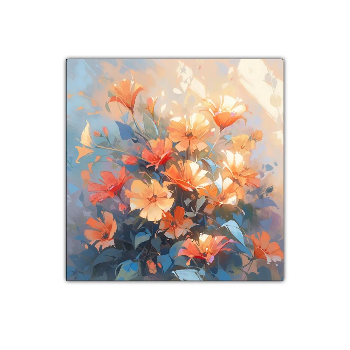 Cuadro con ramo de flores en tonos cálidos y azulados — imagen principal