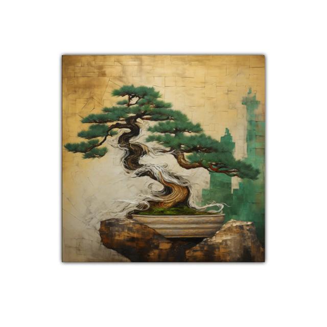 Bonsái estilizado con fondo en tonos dorados y verdes