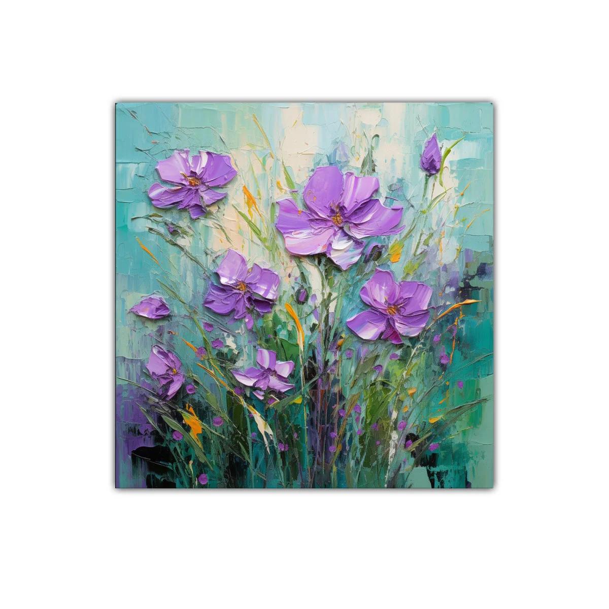 Cuadro decorativo con flores lilas sobre fondo verde y azul — imagen principal