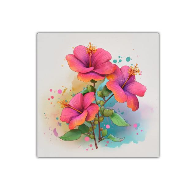 Vibrante cuadro con hibiscos en tonos rosas y naranjas