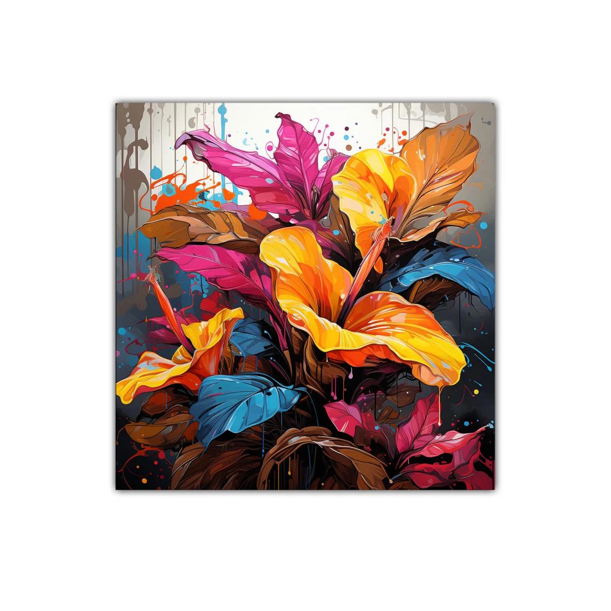 Cuadro decorativo con flores vibrantes y hojas de colores intensos