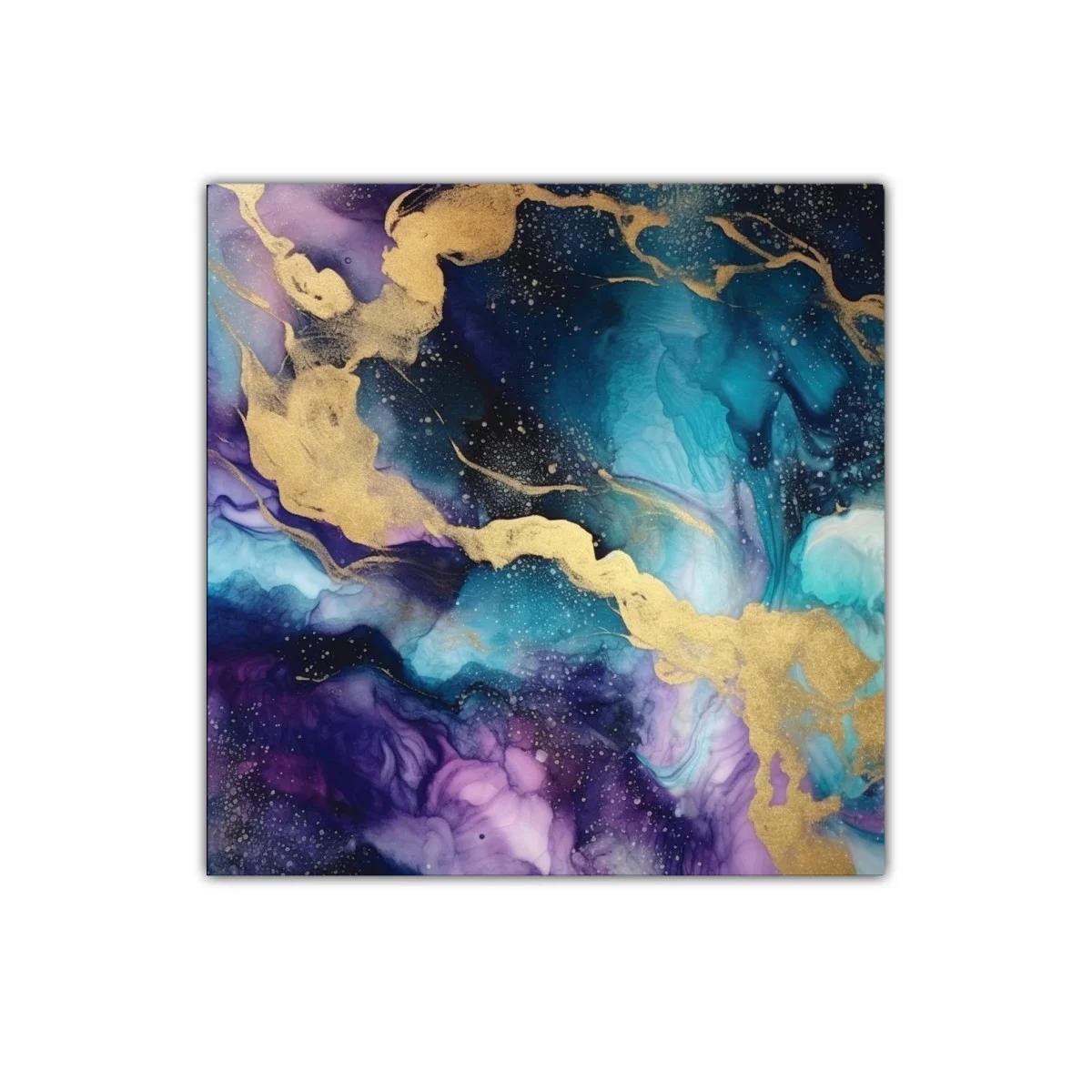Cuadro abstracto con tonos azulados y dorados vibrantes