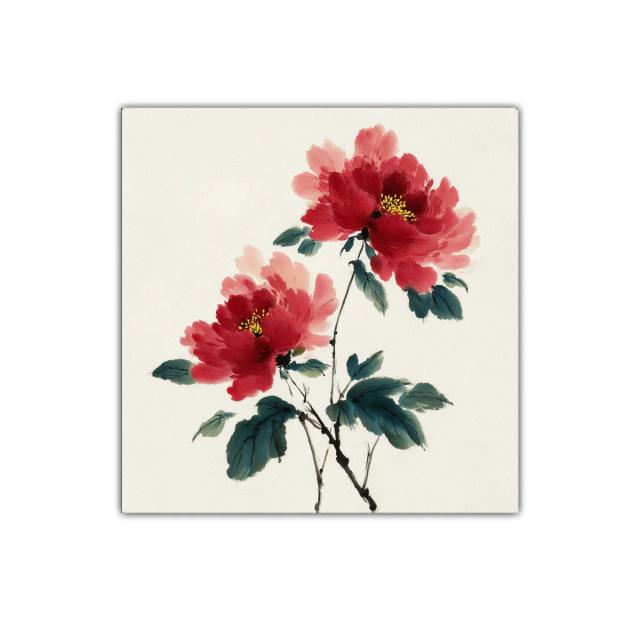 Decorativo cuadro con flores rojas y follaje verde intenso