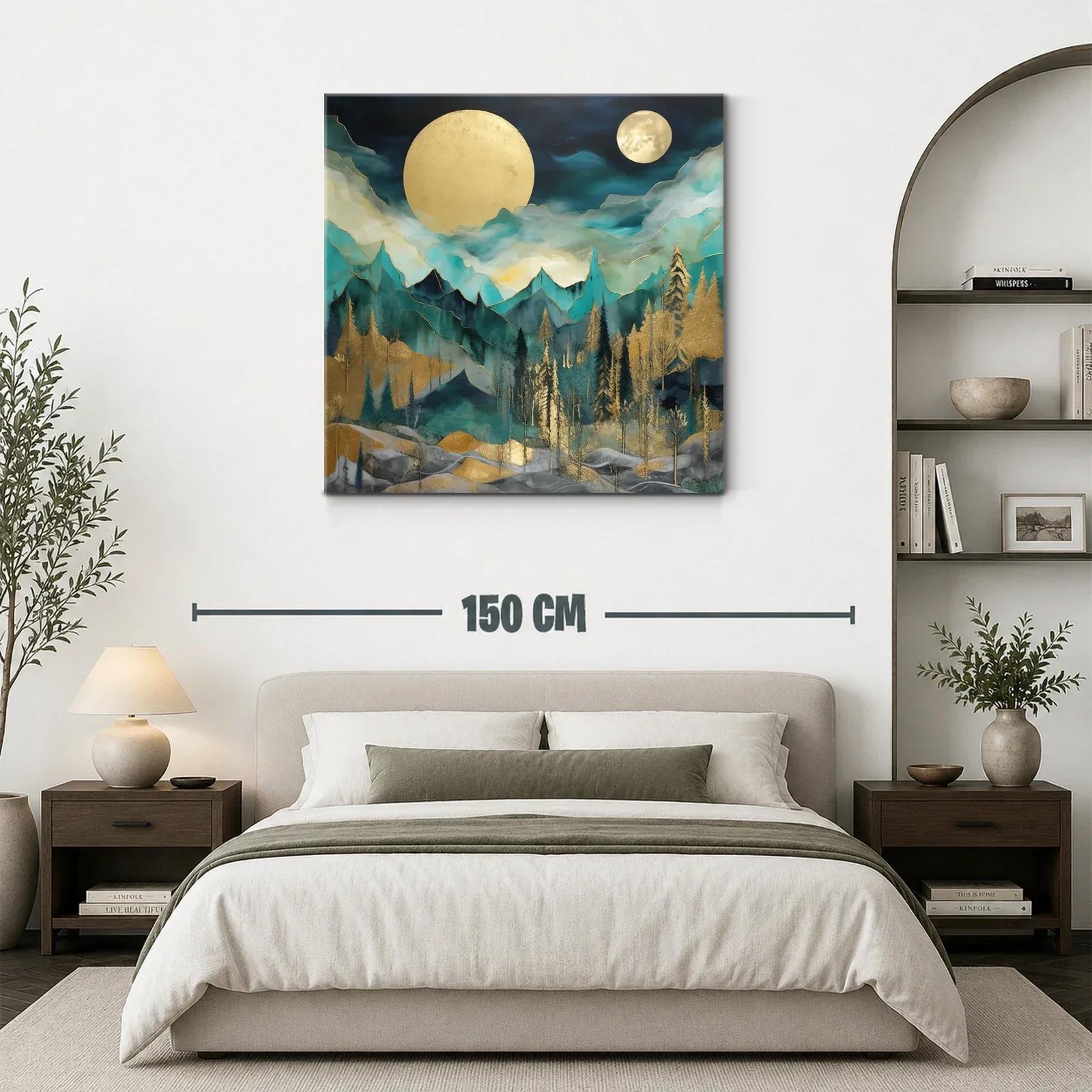 Paisaje nocturno con lunas doradas y montañas azules — miniatura 3