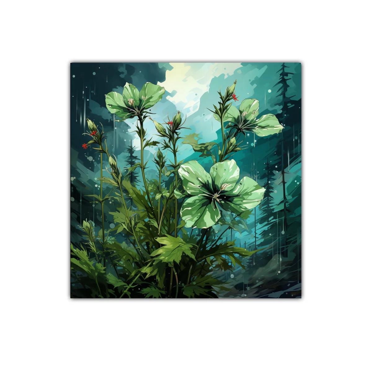 Flores verdes en fondo azul con atmósfera mística — imagen principal
