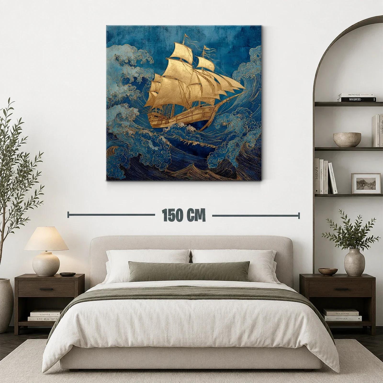 Barco dorado navegando entre olas en tonos azules — miniatura 3