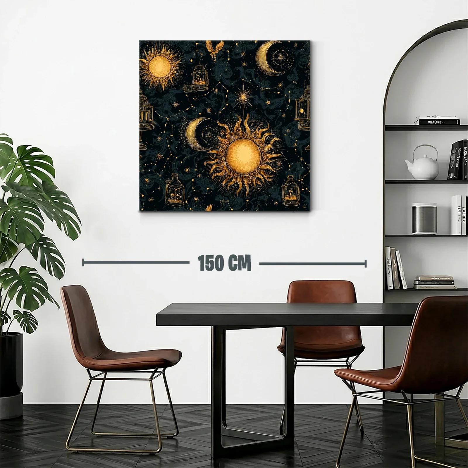 Cuadro celestial con sol y luna en tonos dorados y negros — miniatura 2