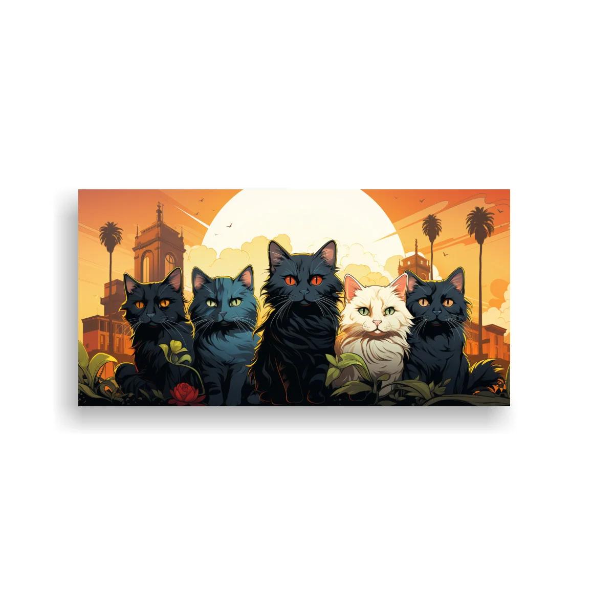 Cuadro grupo de gatos de pelo largo con palmeras y sol dorado