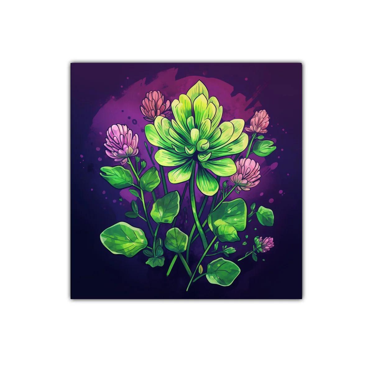 Cuadro decorativo con flores verdes y moradas vibrantes — imagen principal