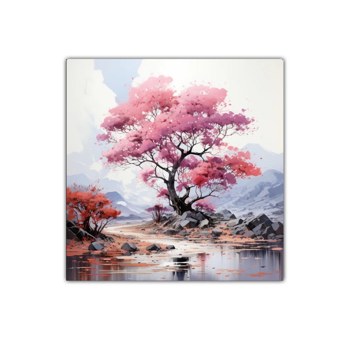 Árbol en flor sobre paisaje sereno y montaña azulada — imagen principal