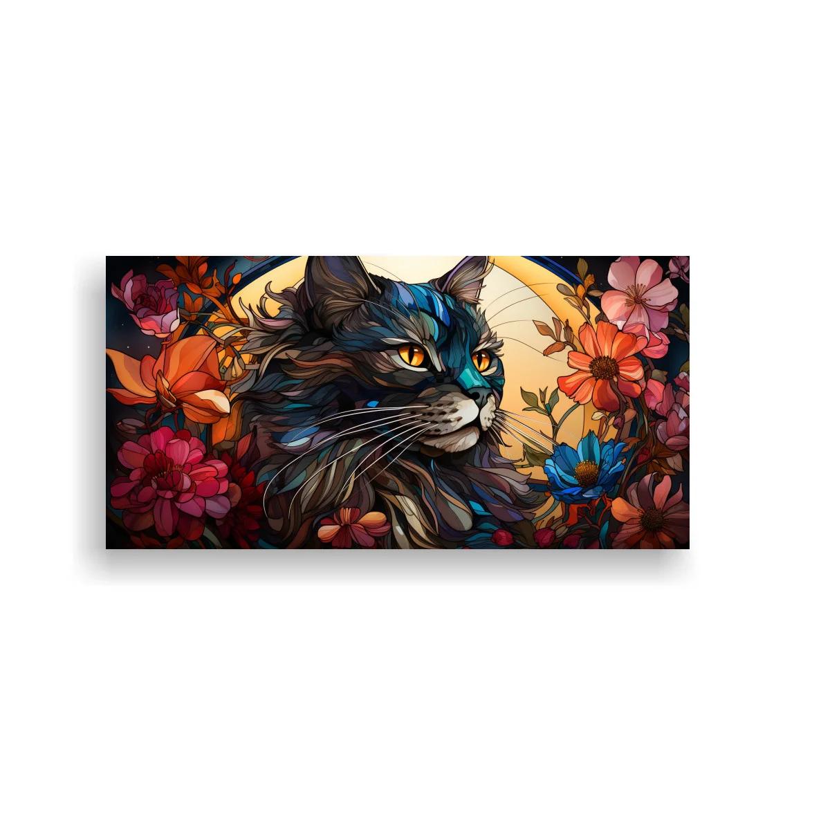 Cuadro gato de pelo largo con luna llena y flores