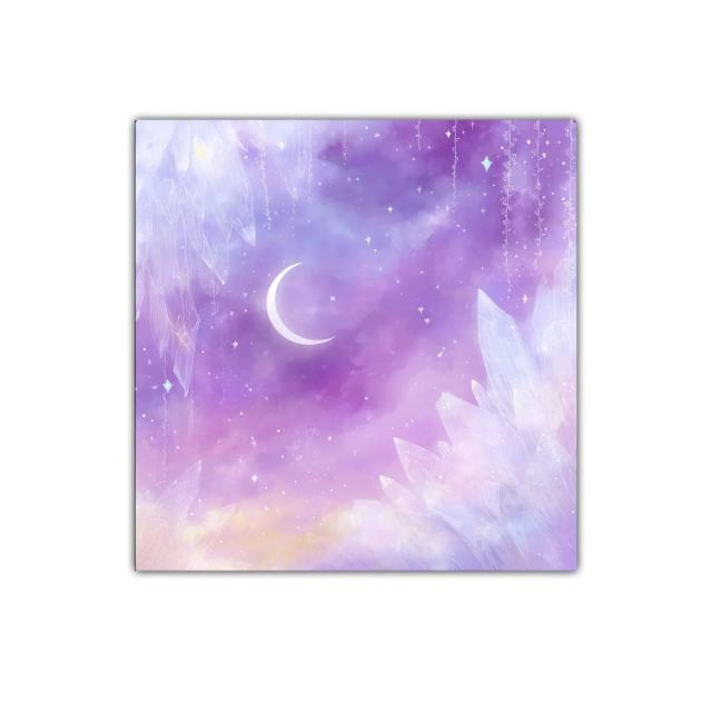 Cuadro con luna creciente y cristales en tonos lavanda y violeta