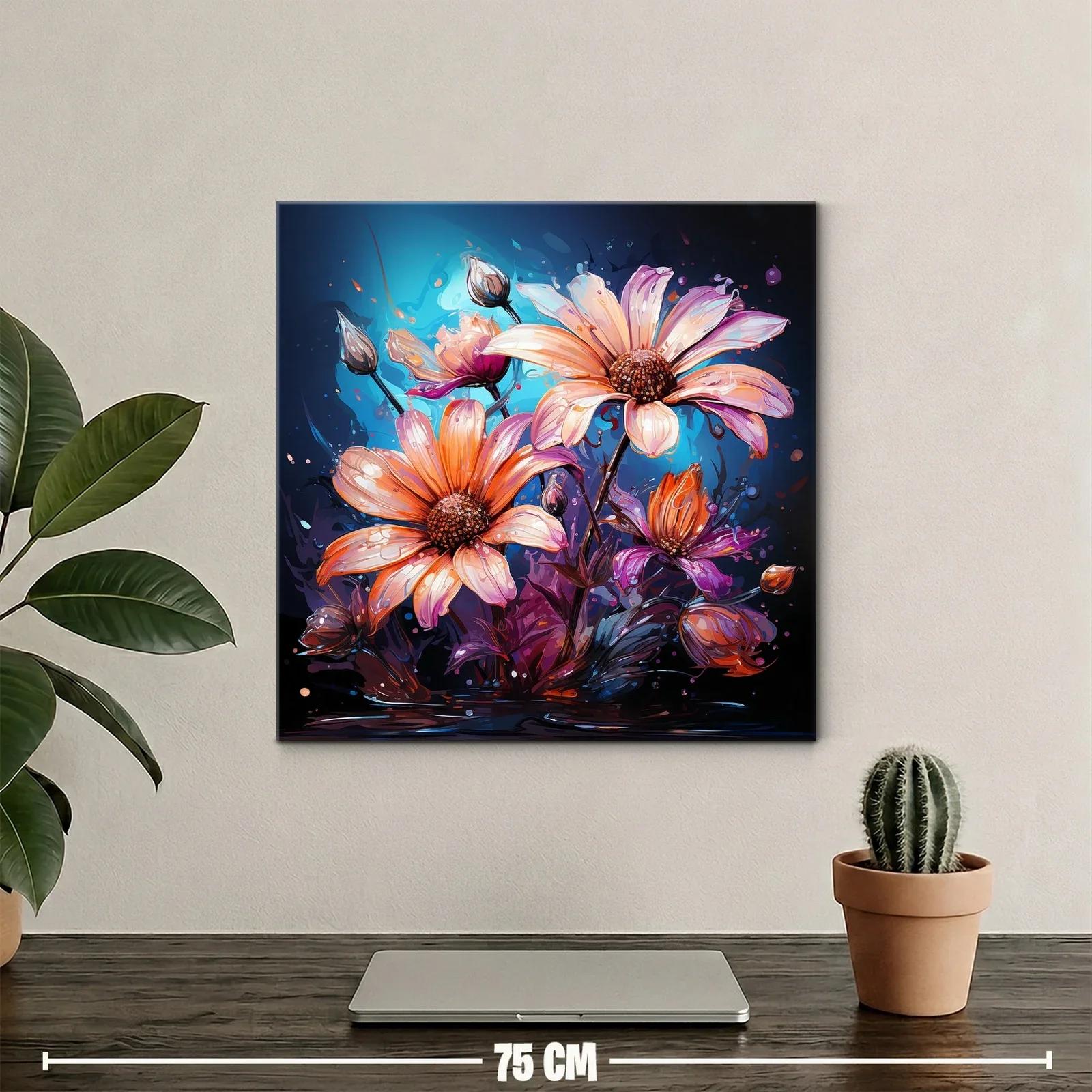 Cuadro con flores vibrantes en tonos cálidos y fondo azul — miniatura 2