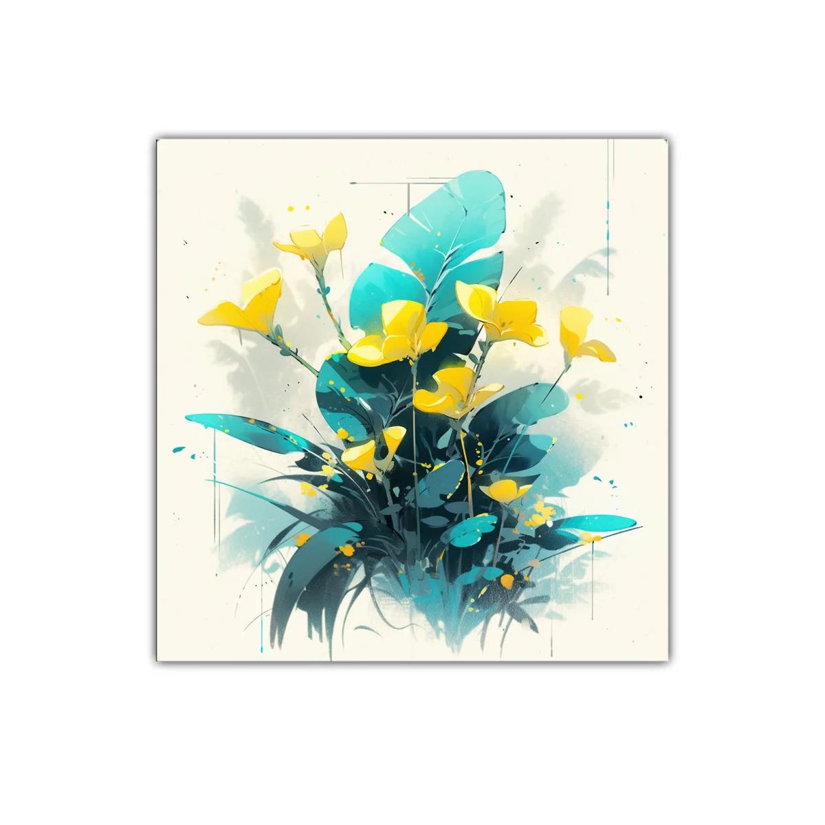 Cuadro floral con vibrantes flores amarillas y hojas turquesa