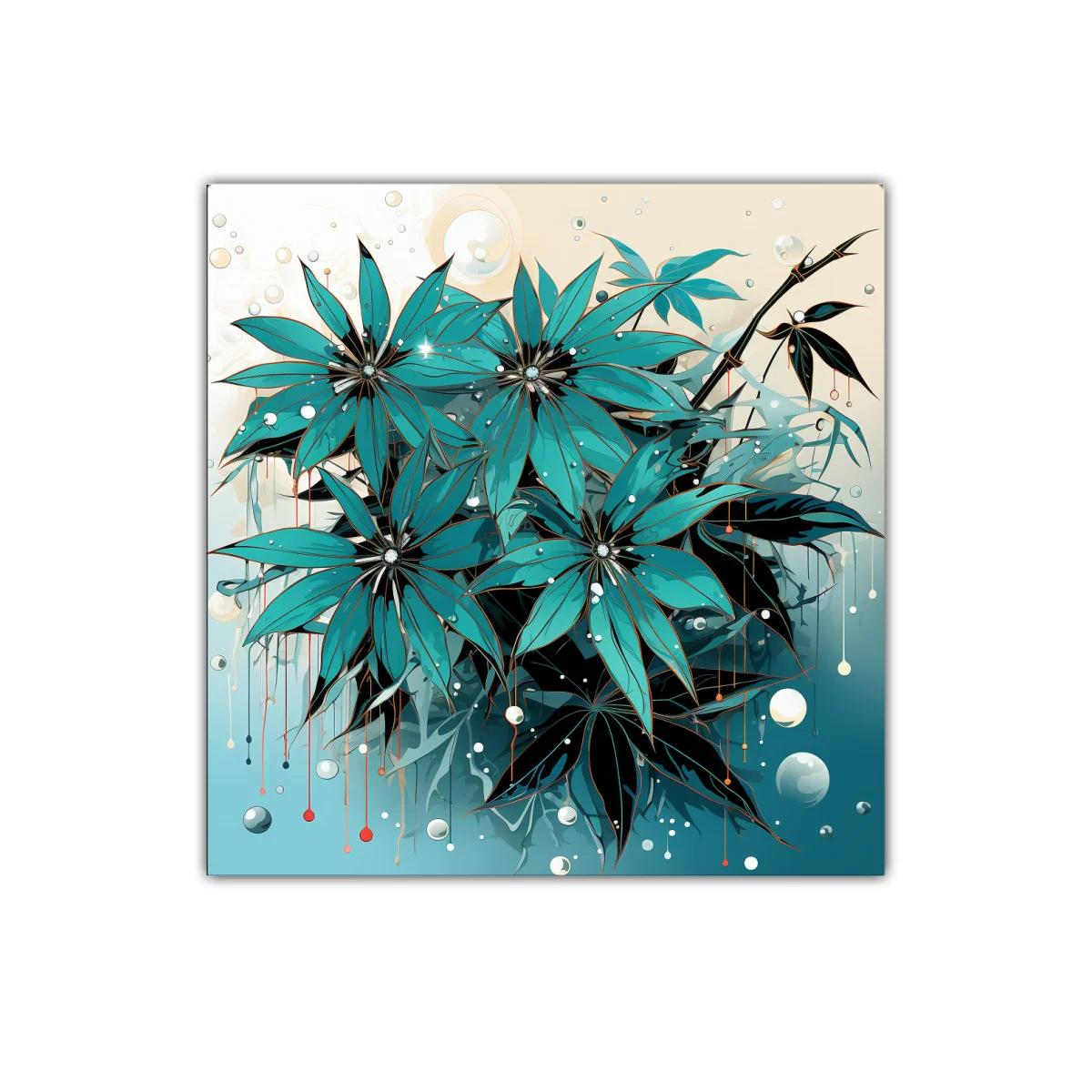 Cuadro decorativo con flores azules y detalles abstractos