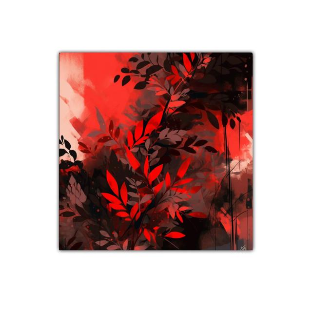 Cuadro decorativo con hojas rojas sobre fondo oscuro