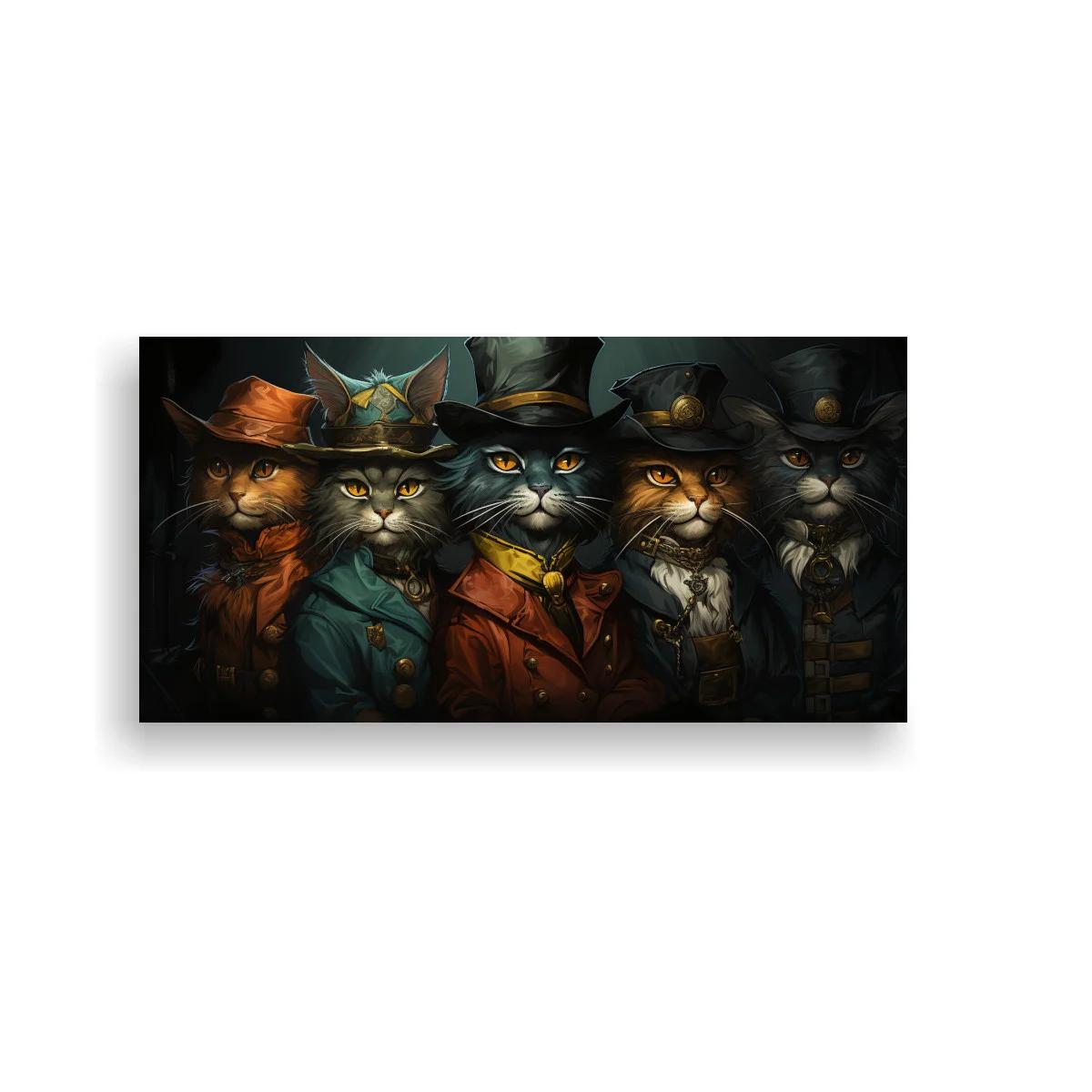 Cuadro grupo de gatos antropomórficos con sombreros y pajarita