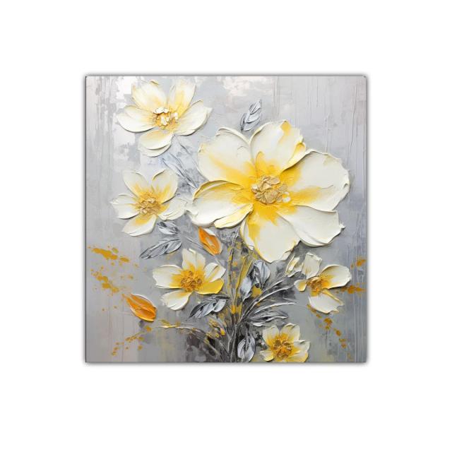 Cuadro floral con flores blancas y amarillas sobre fondo gris