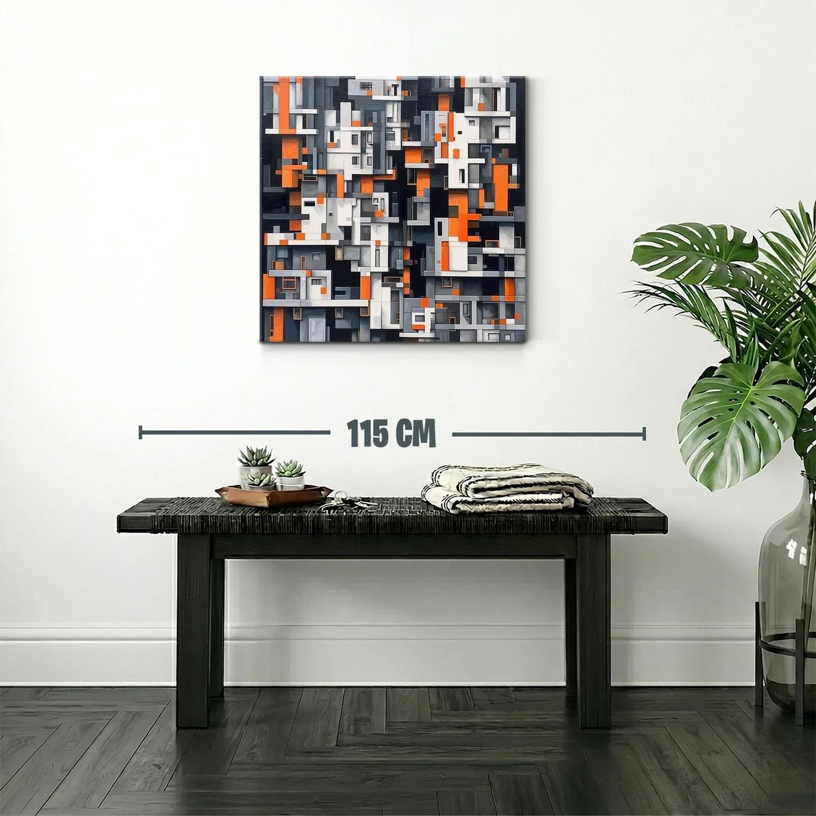 Cuadro abstracto con diseño geométrico en tonos naranja y gris — miniatura 2