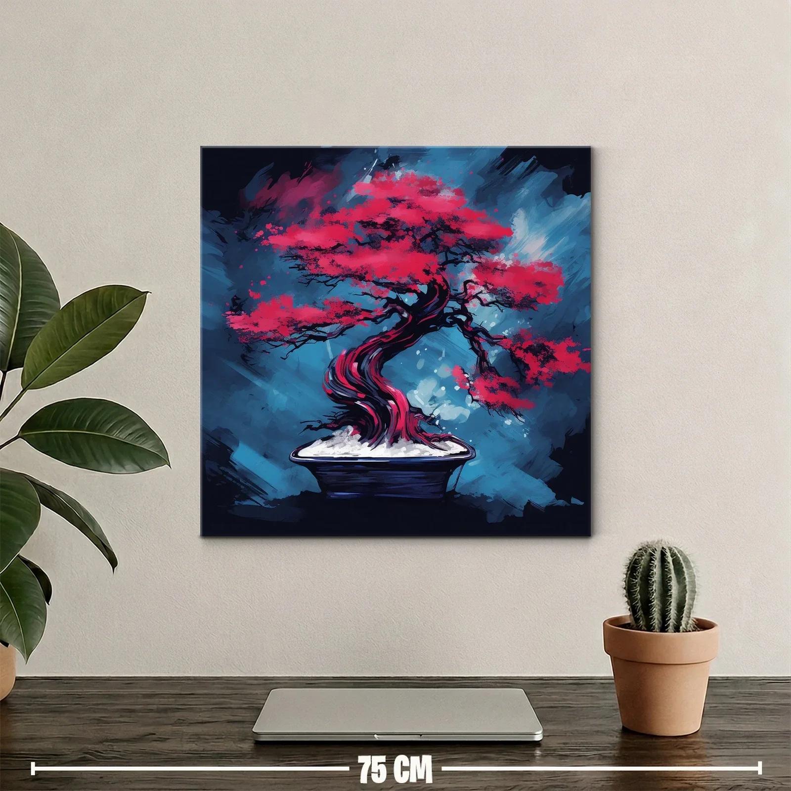Árbol bonsái rojo intenso sobre fondo azul vibrante — miniatura 2