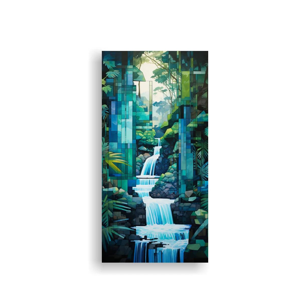 Cuadro cascada en la selva con ruinas cubiertas de vegetación