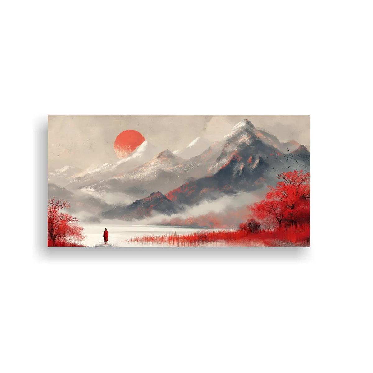 Cuadro paisaje de montaña con árboles rojos y agua serena