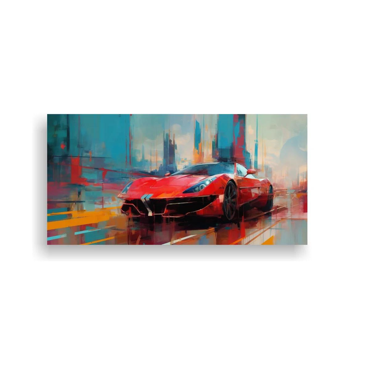 Cuadro coche deportivo rojo con ciudad difusa