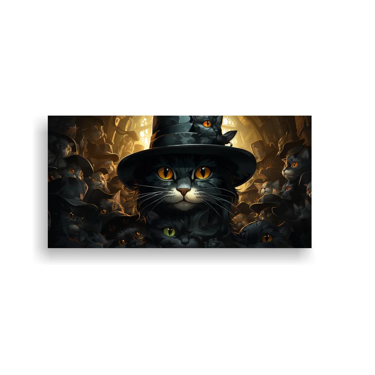 Cuadro gato negro con sombrero de copa y ojos dorados