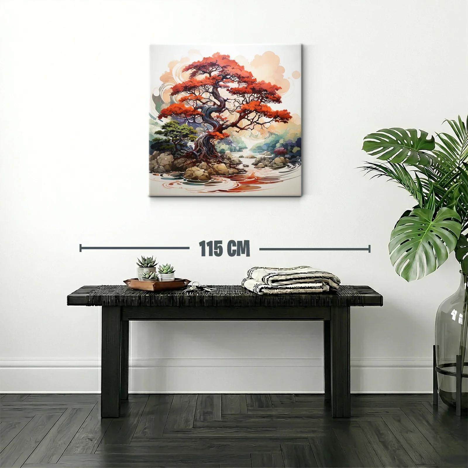 Árbol rojo sobre río con rocas y paisaje sereno — miniatura 2