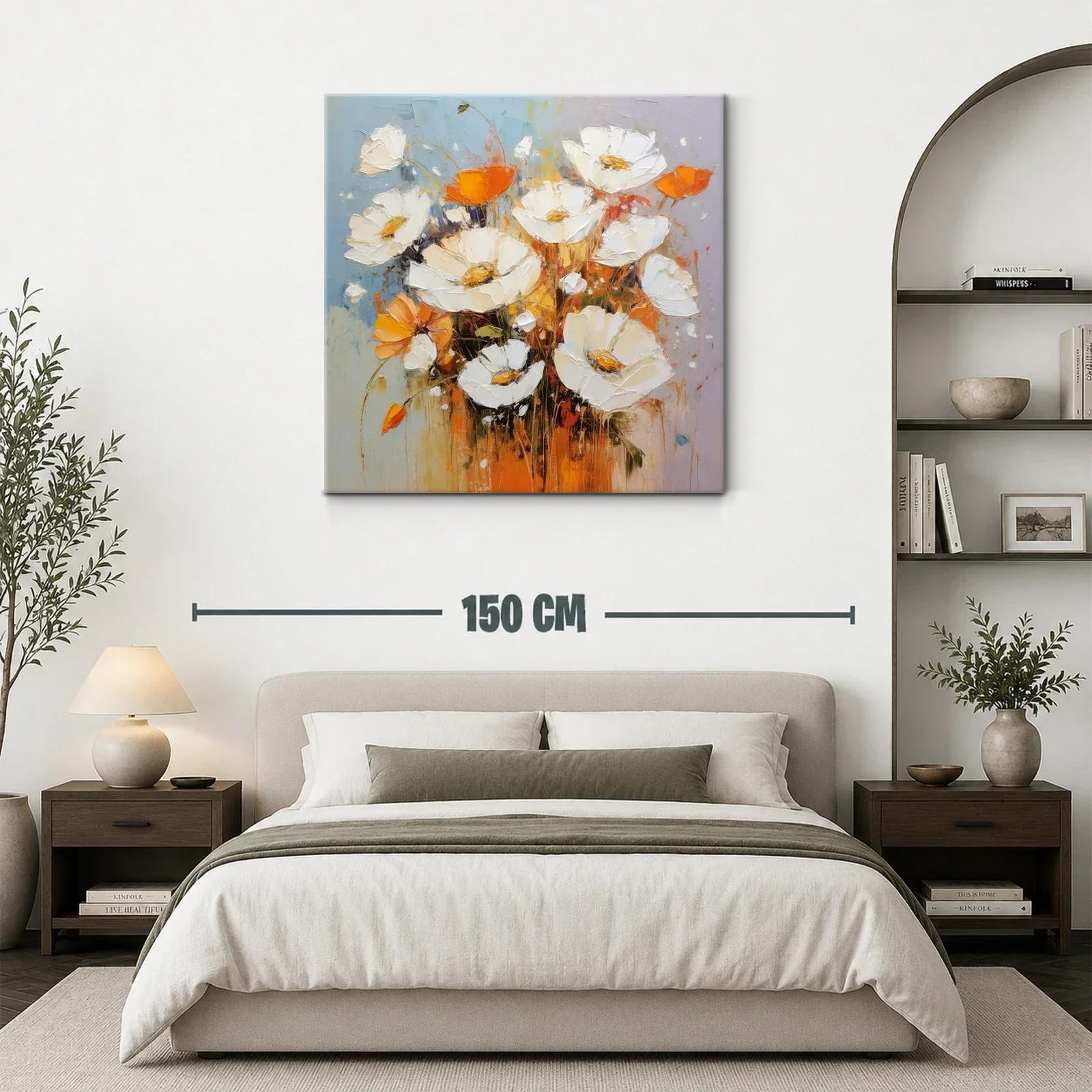 Cuadro de flores blancas y naranjas con toque abstracto — miniatura 3