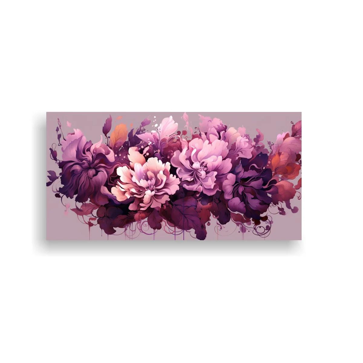 Cuadro ramo de peonías moradas y rosas con salpicaduras pictóricas