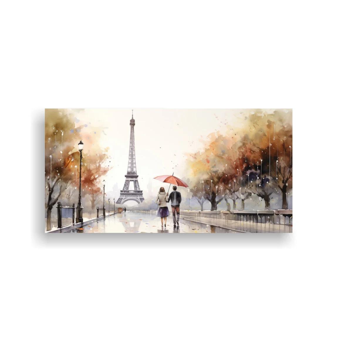 Cuadro pareja con paraguas frente a la Torre Eiffel — imagen principal