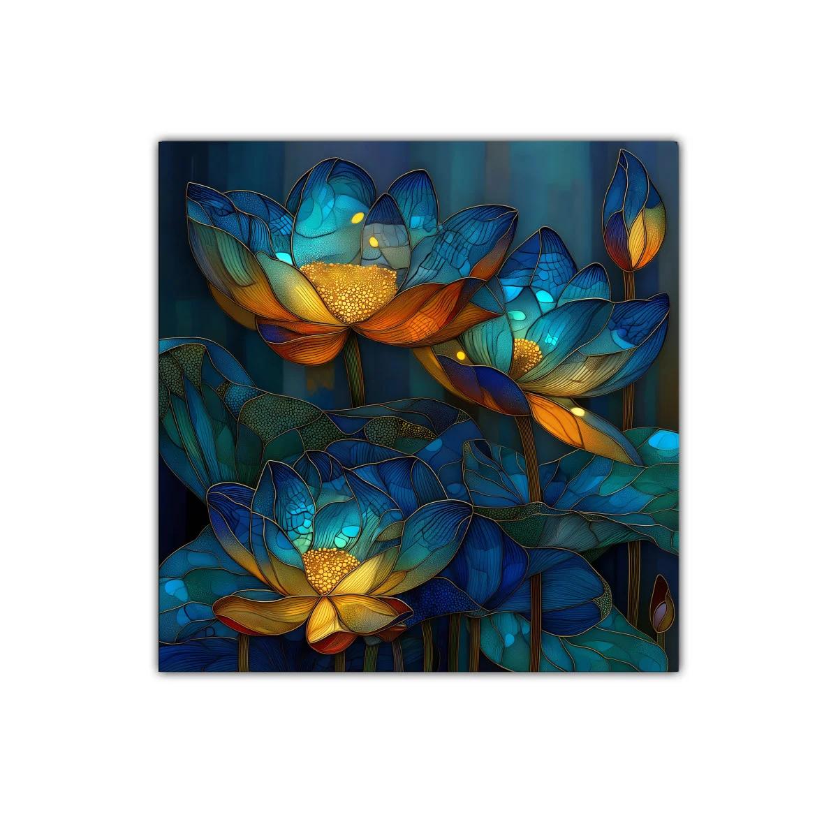 Flores luminiscentes en tonos azules y dorados vibrantes — imagen principal