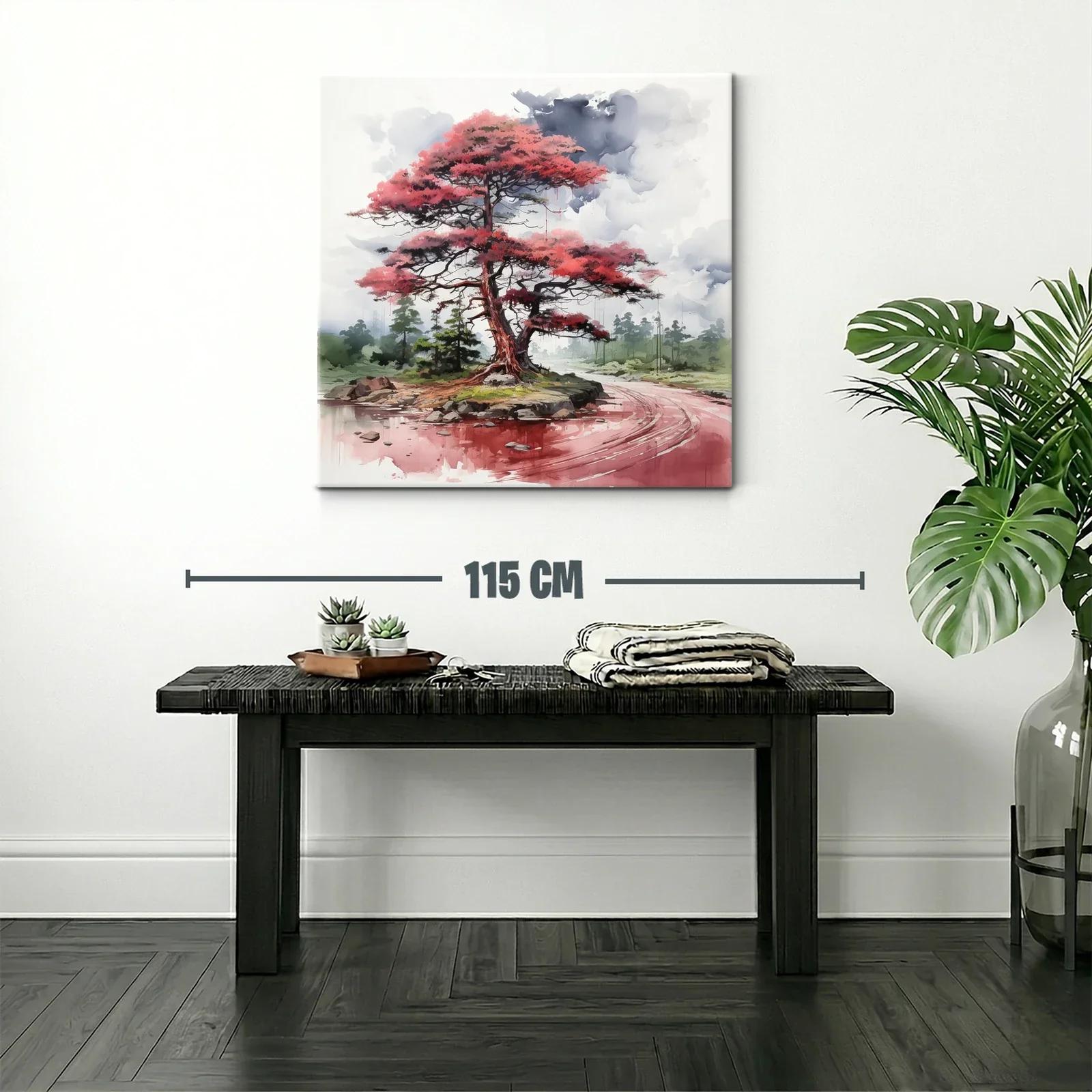 Árbol rojo junto al río en paisaje tranquilo y etéreo — miniatura 2