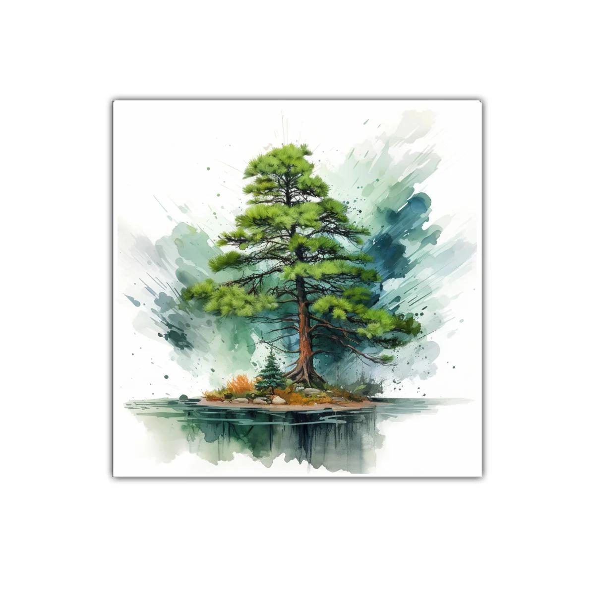 Árbol solitario en isla con reflejo acuoso y tonos verdes — imagen principal