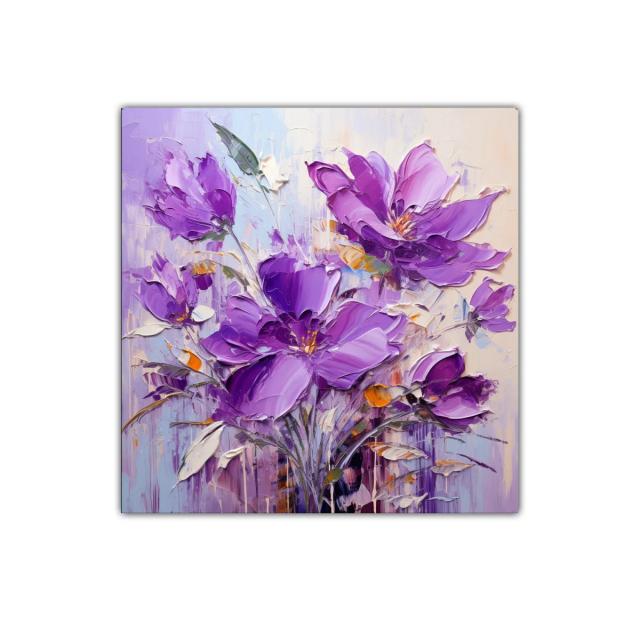 Cuadro decorativo con flores vibrantes en tonos morados y lilas