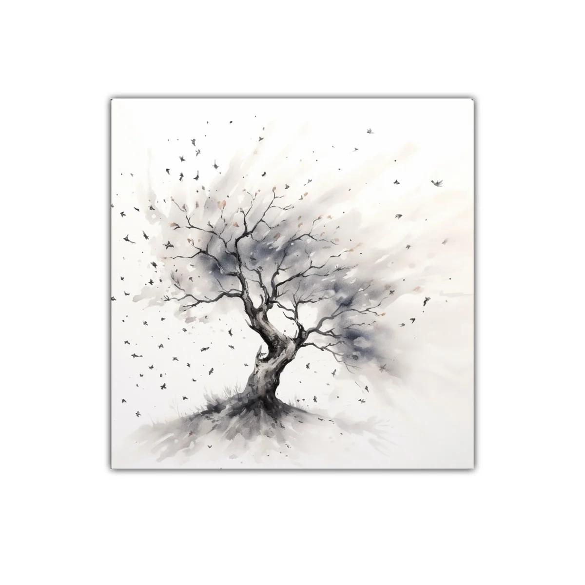 Árbol solitario con aves en tonos neutros