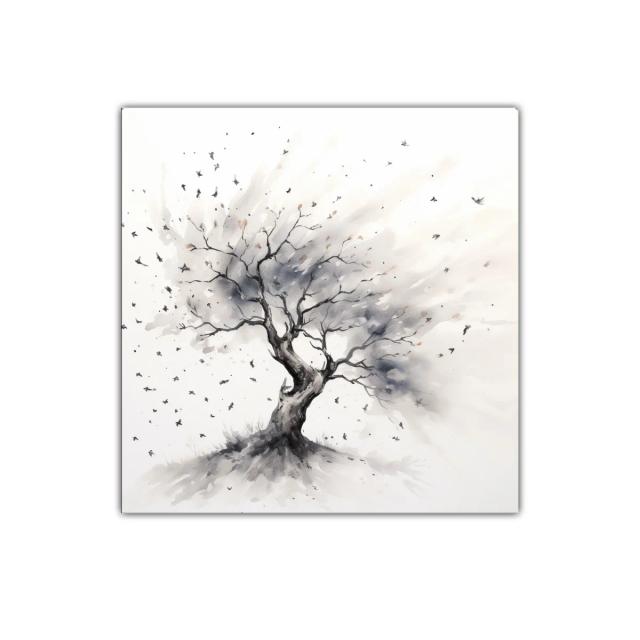 Árbol solitario con aves en tonos neutros