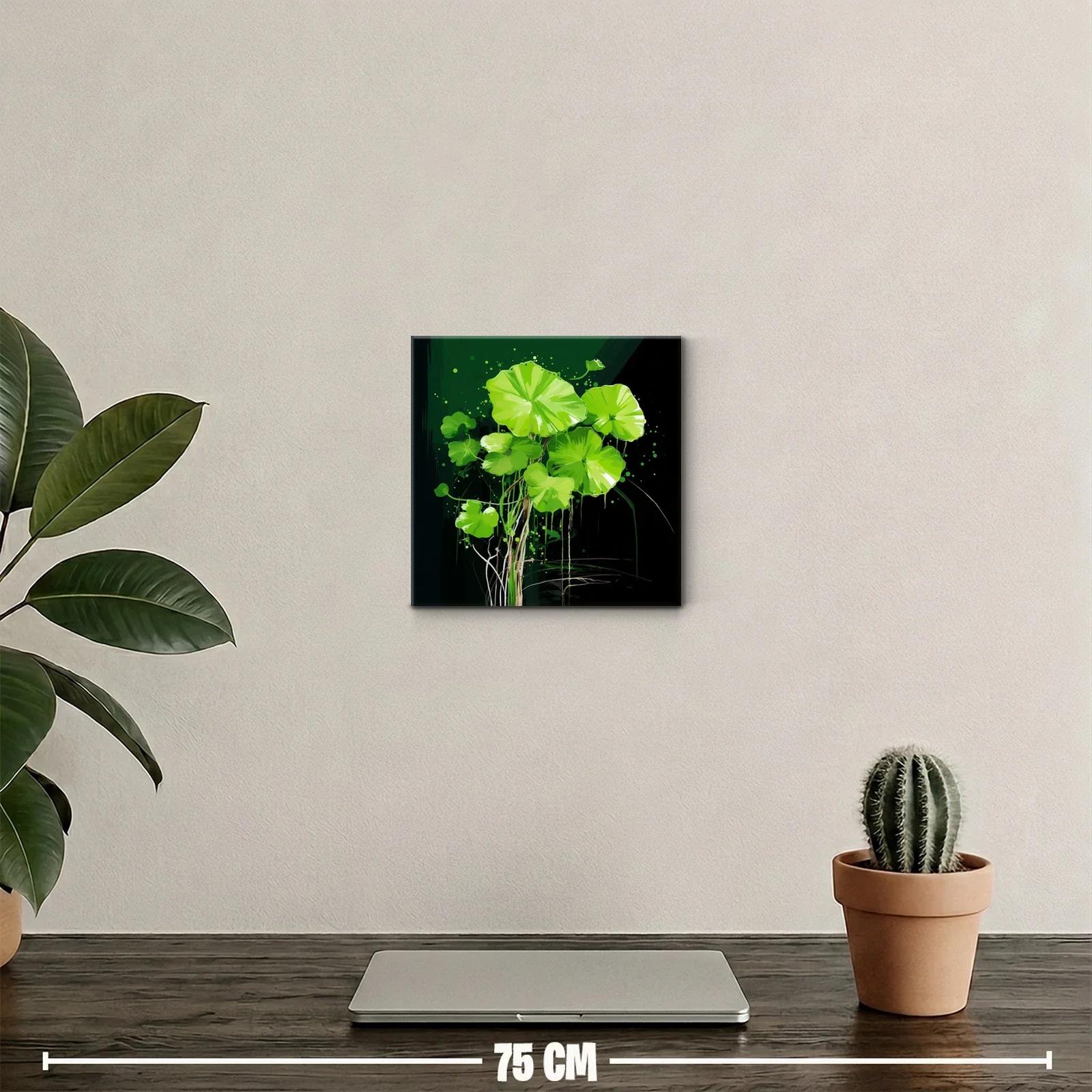 Cuadro decorativo hojas verdes vibrantes sobre fondo oscuro — miniatura 2