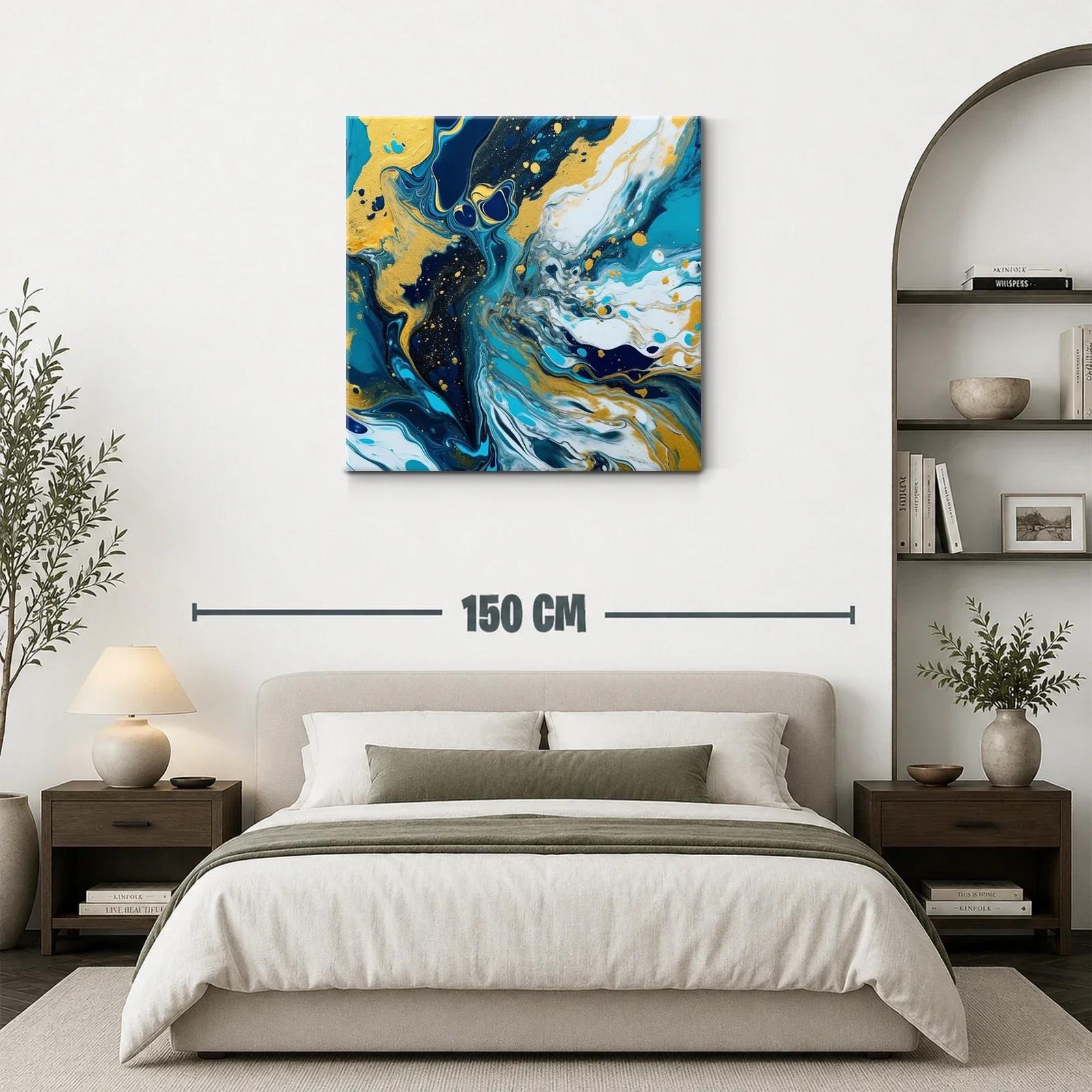 Cuadro abstracto con tonos dorados y azul profundo — miniatura 3
