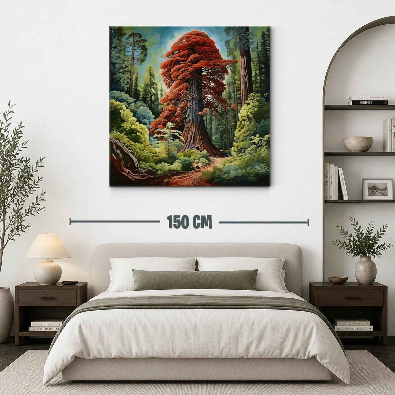Gran árbol rojo rodeado de bosque verde vibrante — miniatura 3