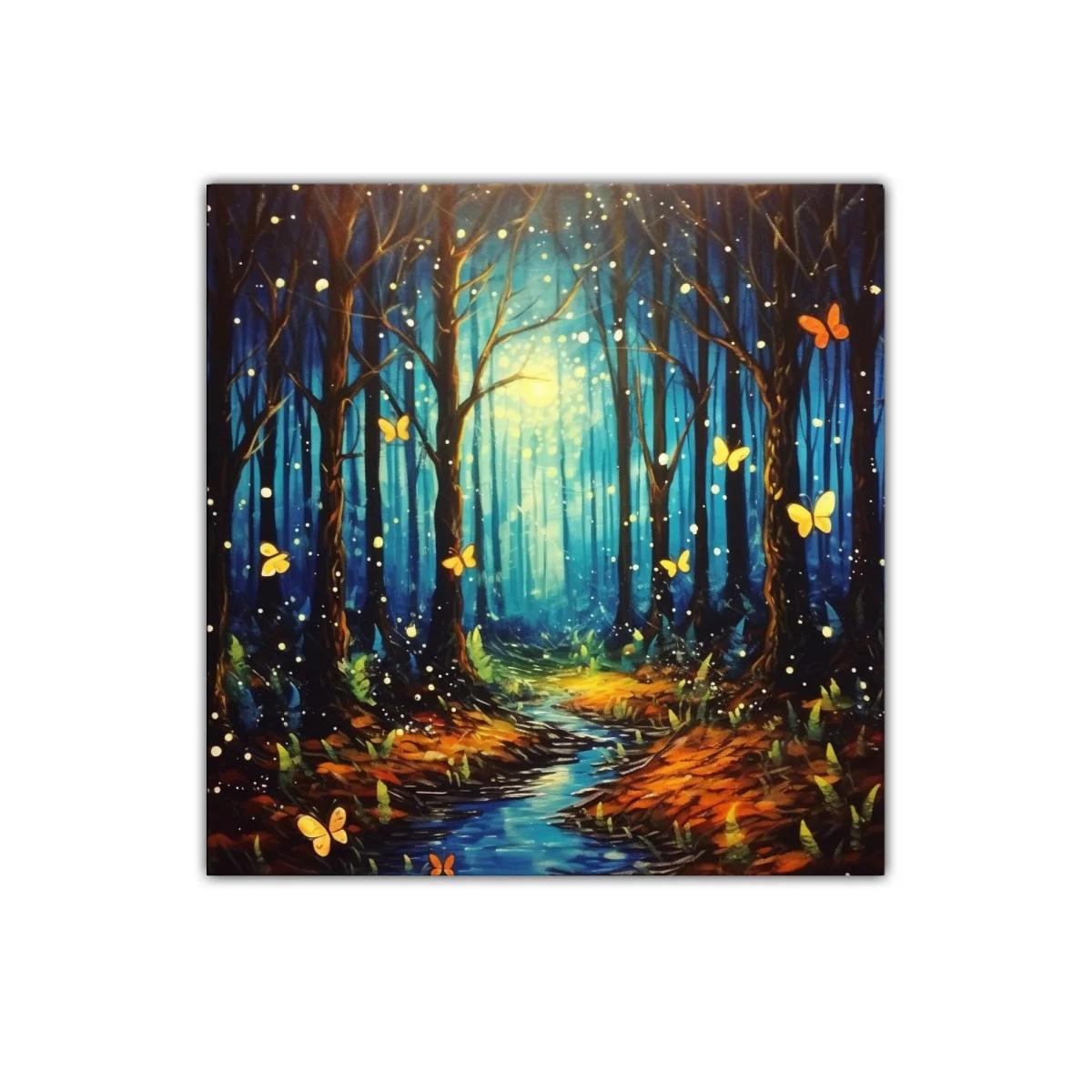 Bosque encantado con mariposas iluminadas y sendero azul