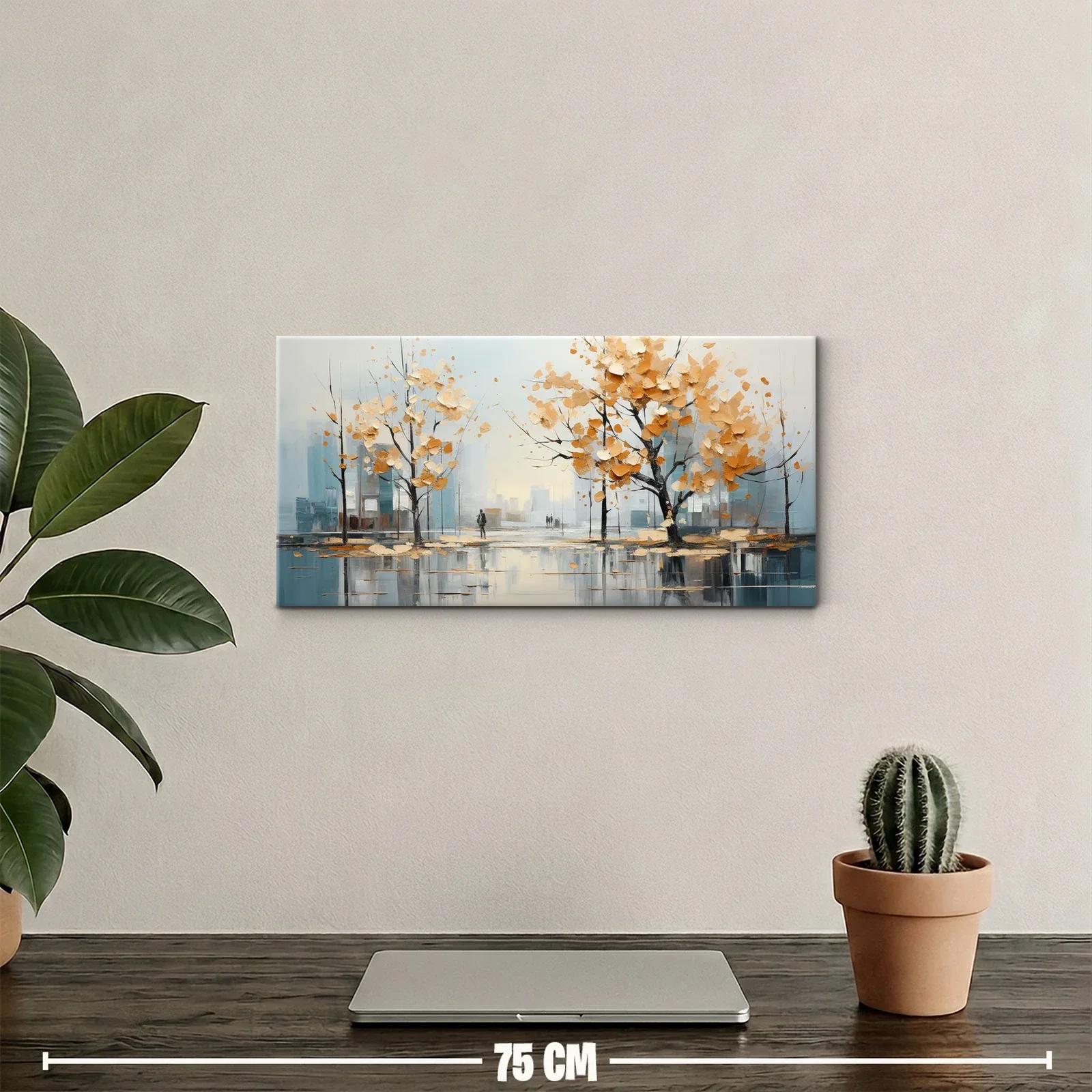 Cuadro árboles con hojas otoñales y fondo urbano brumoso — miniatura 2