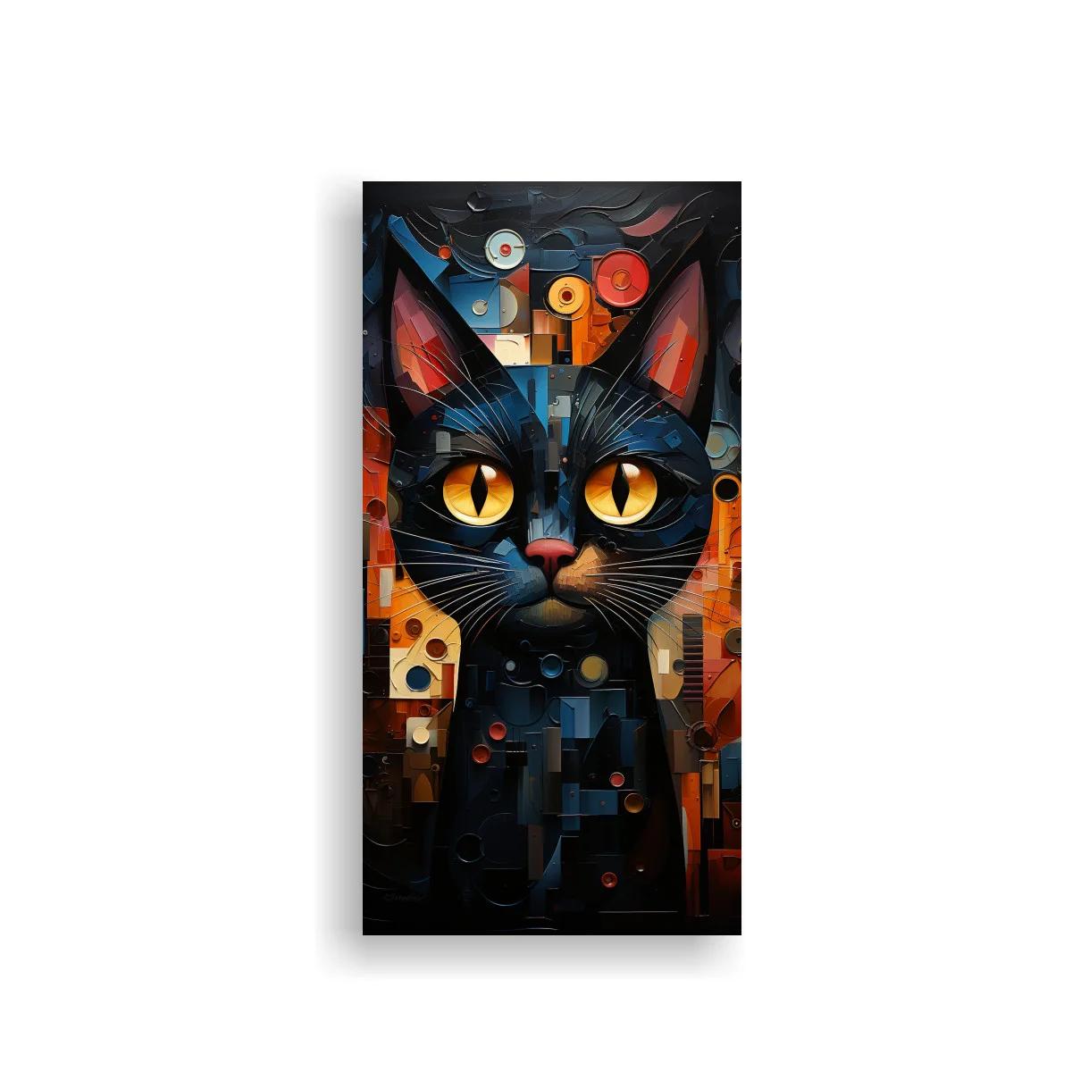 Cuadro gato negro de ojos amarillos con formas geométricas