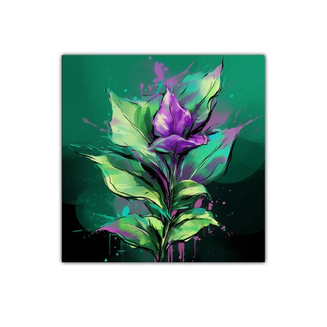 Flores vibrantes en tonos verdes y púrpuras intensos
